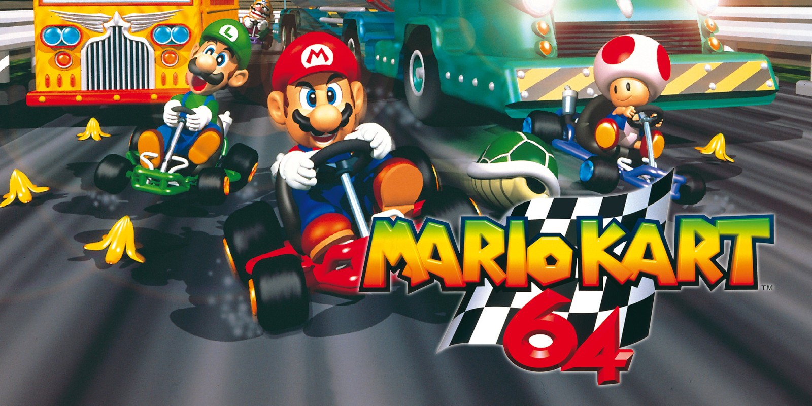 Illustration officielle de Mario Kart 64 avec Mario, Luigi et Toad.