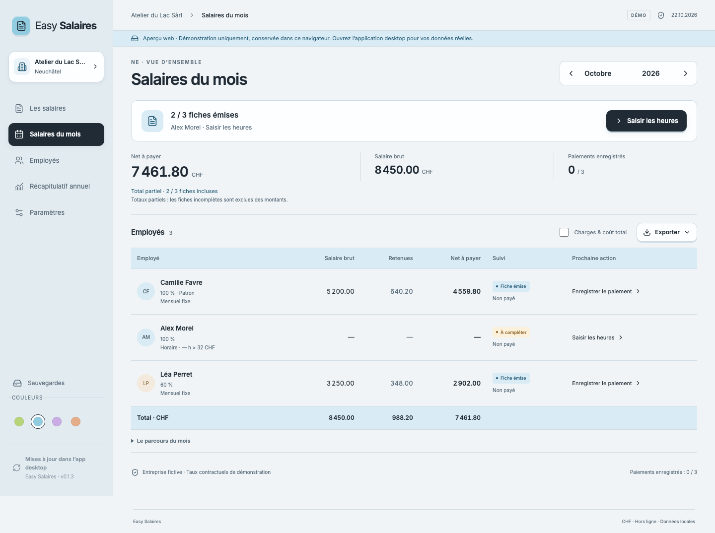 Easy Salaires: a monthly overview for the fictional Atelier du Lac company, showing issued payslips and next actions.
