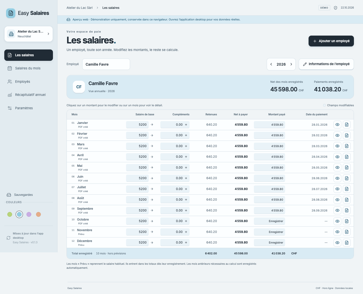 Easy Salaires: an annual demo workspace showing twelve months of payroll and payments for a fictional employee.