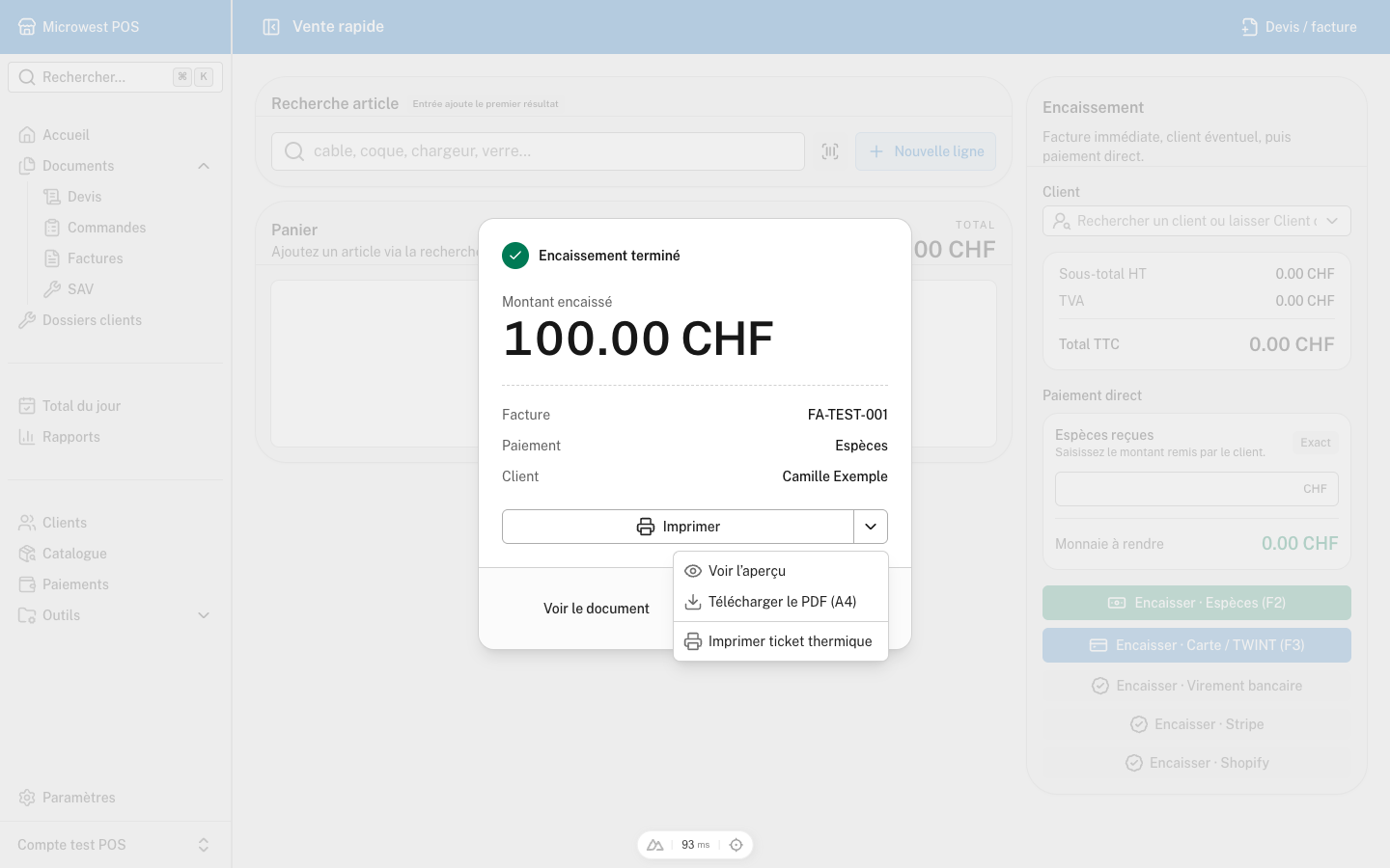 POS Téléphonie : confirmation d’un encaissement fictif de 100 CHF et options d’impression de la facture de test.