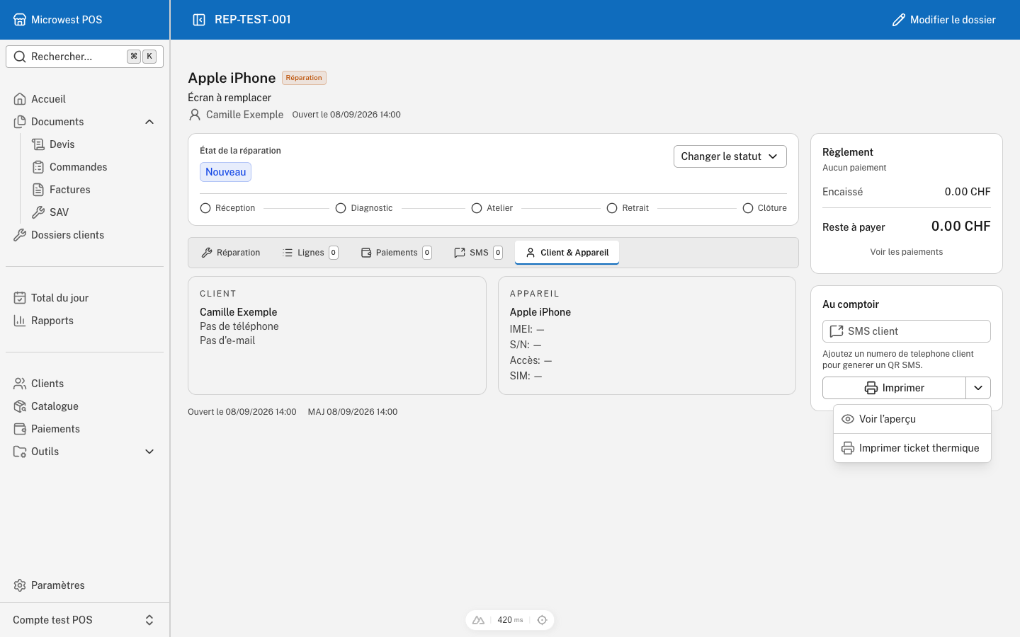 POS Téléphonie: a fictional repair case with workflow stages, device information and payment details.